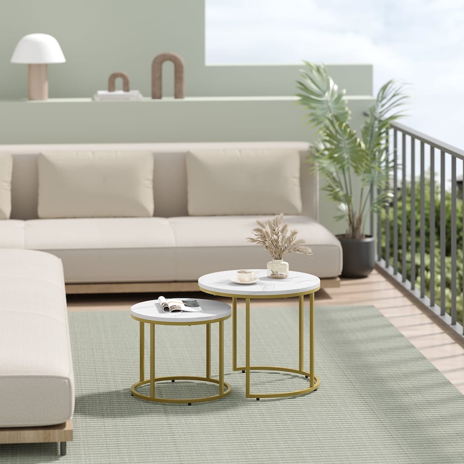 Stolik Kawowy Okrągły 2Szt Marmur, Złoty