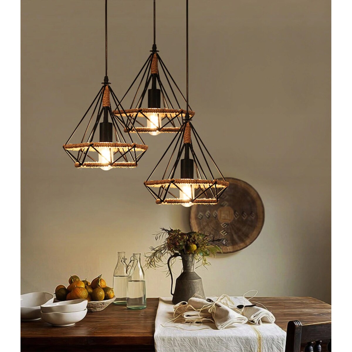 Lampa Sufitowa Wisząca Czarna Sznur Geometryczna