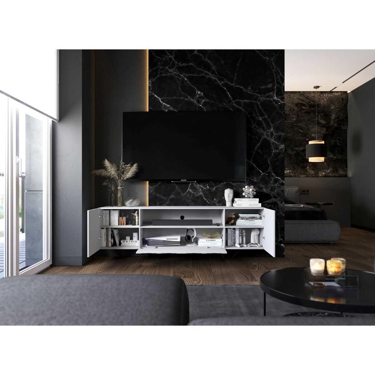 Szafka RTV wisząca Glamour Nowoczesna Komoda RTV Biały Mat 150 cm