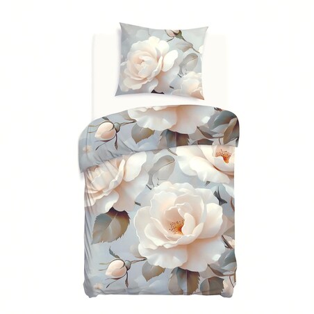 Pościel satyna bawełniana 140x200 Riviera szara w kremowe róże, Satynlove Premium
