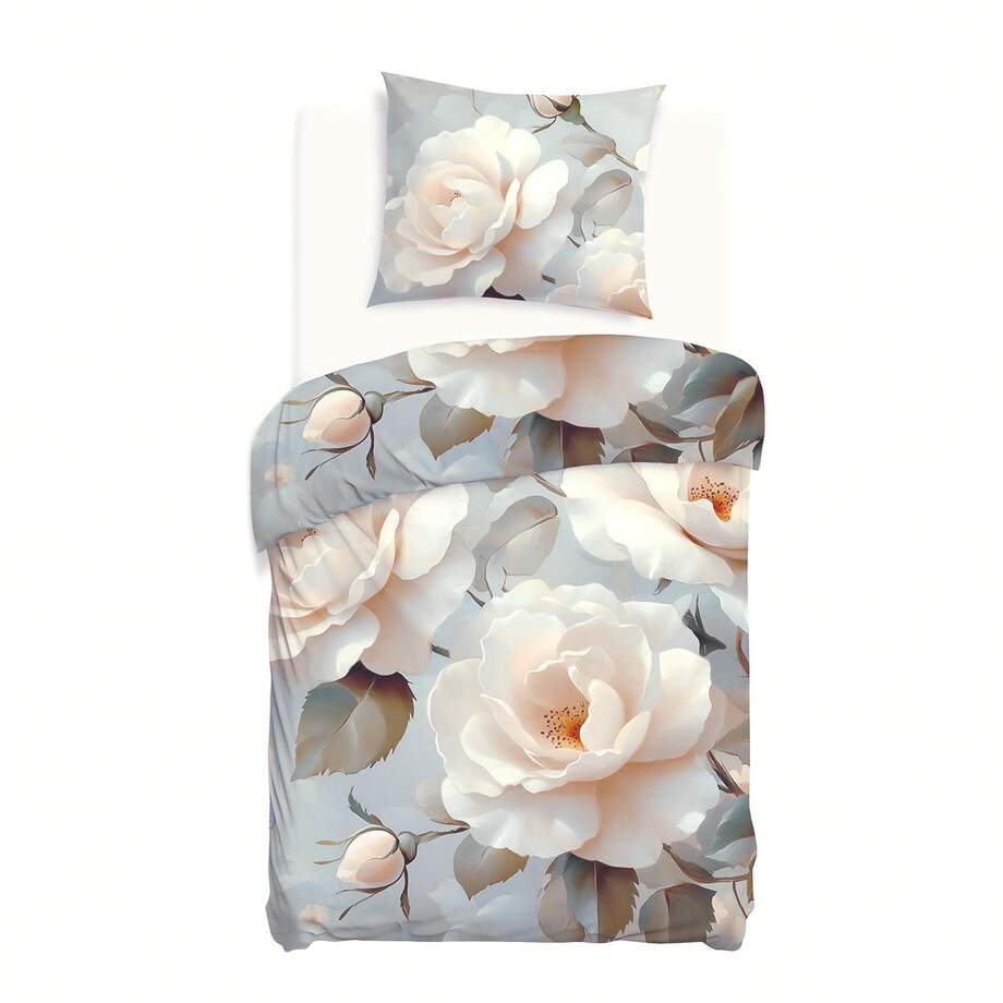 Pościel satyna bawełniana 140x200 Riviera szara w kremowe róże, Satynlove Premium