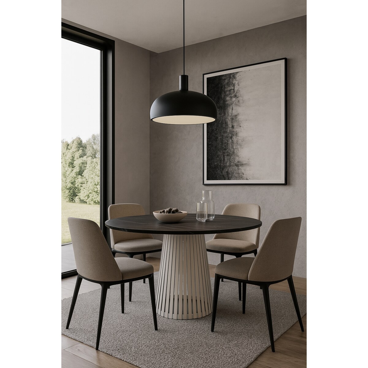 Stół VIV z lamelami do salonu, blat 75cm marmur ciemny-podstawa kaszmir