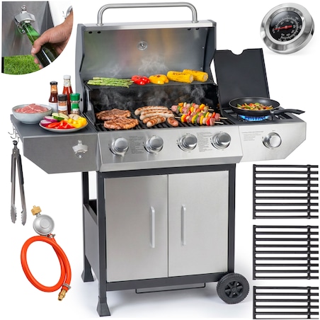 Grill gazowy ogrodowy Berdsen BD-896 żeliwny ruszt z pokrywą mocny 4+1 palniki termometr