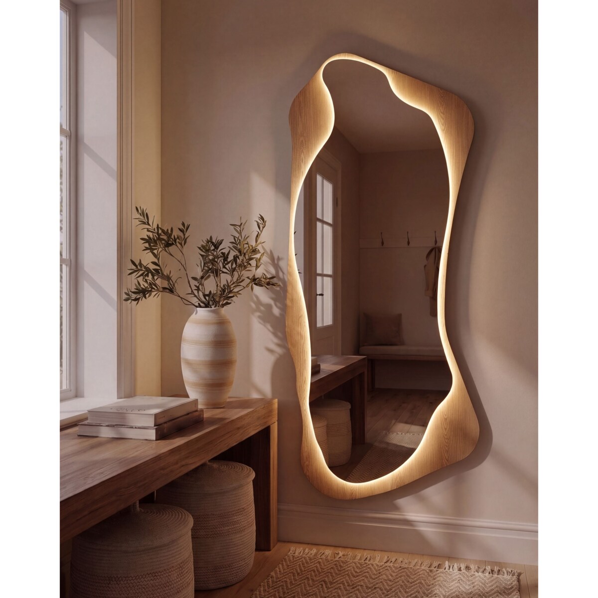 Lustro ścienne LAMBLORE 58 cm 171 cm LED Jasnobrązowy