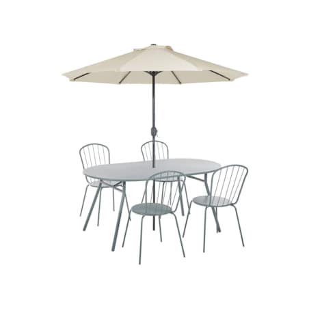 Zestaw ogrodowy metalowy stół i 4 krzesła jasnoniebieski CALVI z parasolem (16 opcji do wyboru)