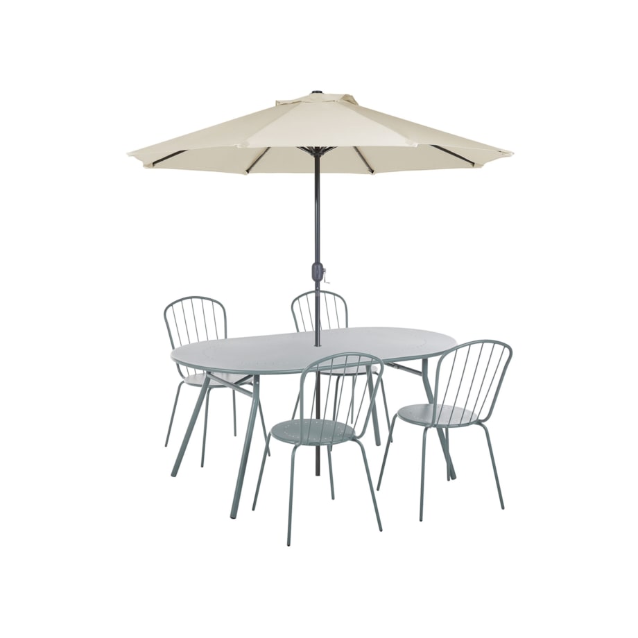 Zestaw ogrodowy metalowy stół i 4 krzesła jasnoniebieski CALVI z parasolem (16 opcji do wyboru)