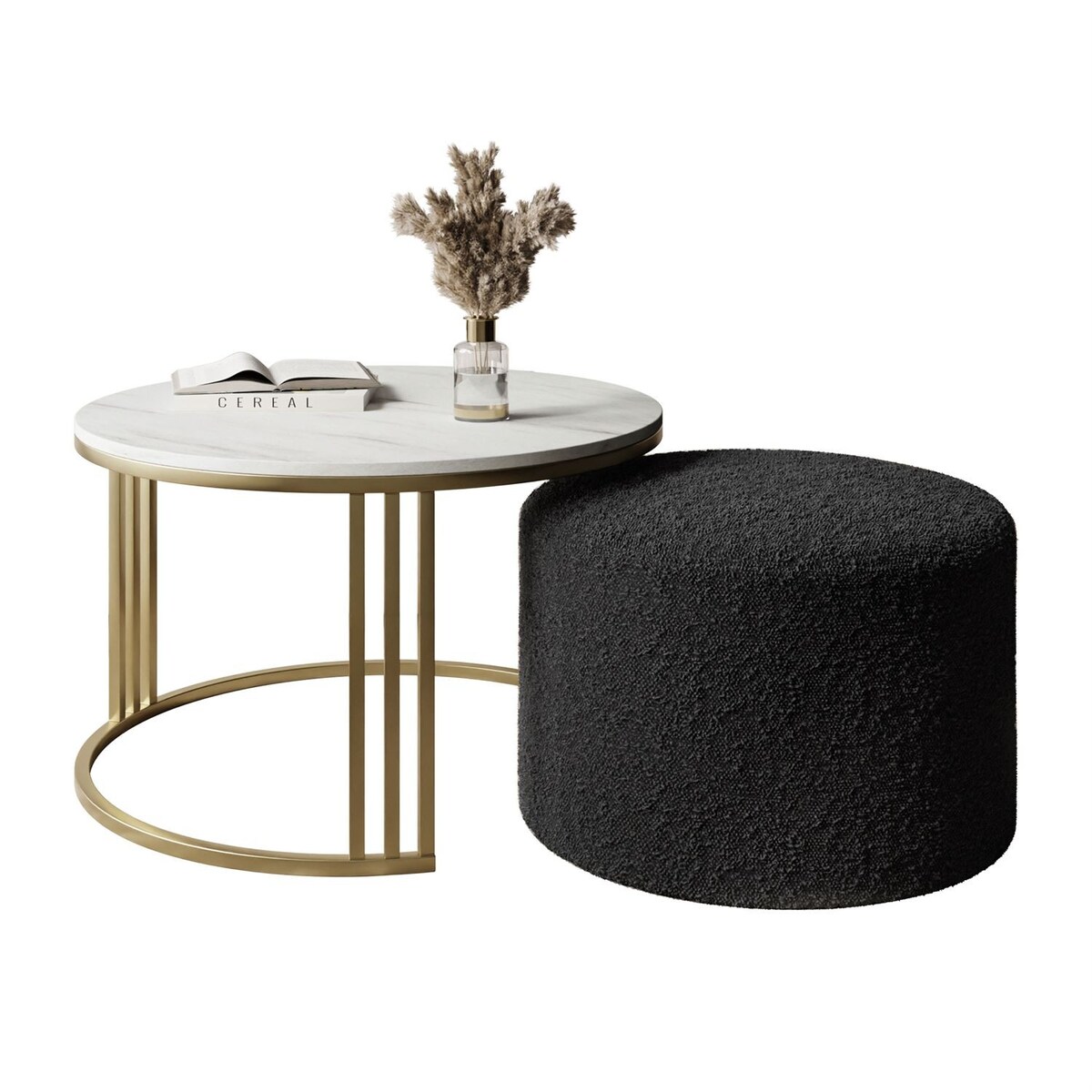 Stolik kawowy z pufą LORI MAT złoto szczotkowane, Marmur Levanto / Coral 60