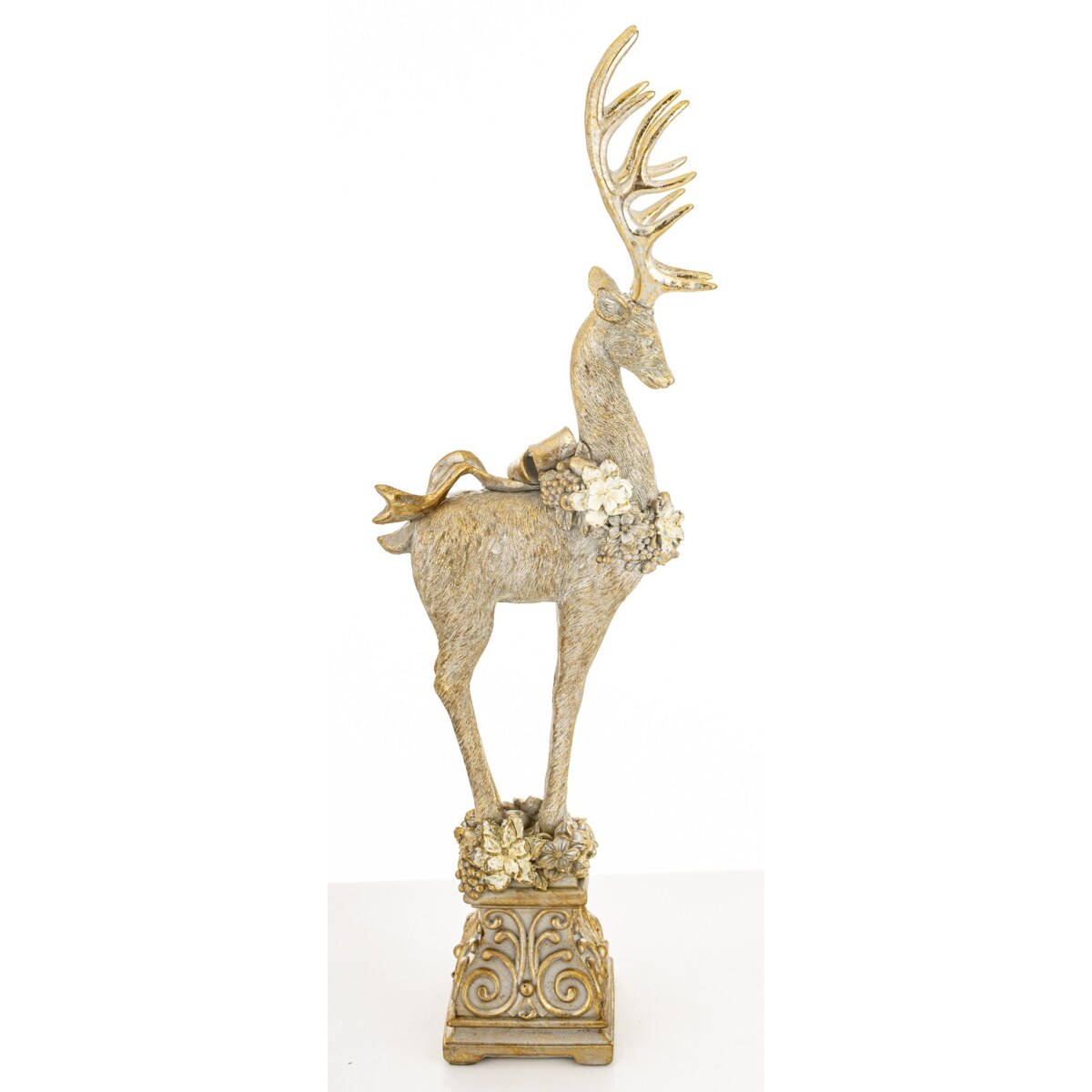 Figurka - złoty jeleń z wieńcem i kokardą 52,5x16x9 cm stojący na postumencie