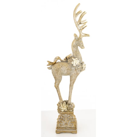Figurka - złoty jeleń z wieńcem i kokardą 52,5x16x9 cm stojący na postumencie