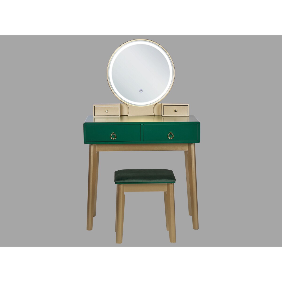 Toaletka 4 szuflady lustro LED ze stołkiem zielono-złota FEDRY