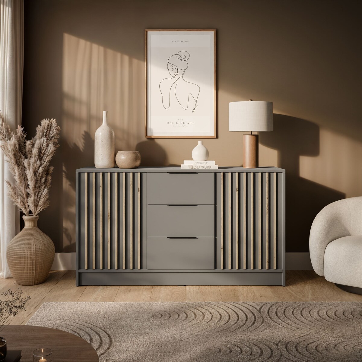 Dwudrzwiowa komoda NELA z lamelami, szary + dab artisan
