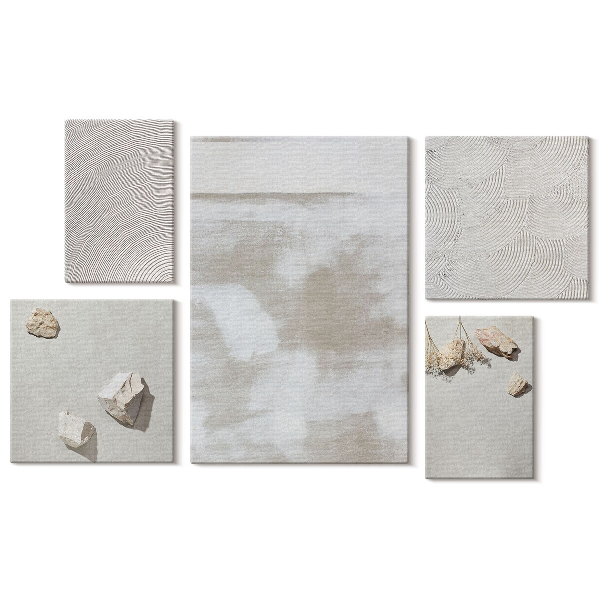 Zestaw 5 obrazów na płótnie - Piasek kamienie boho tekstura - beżowy