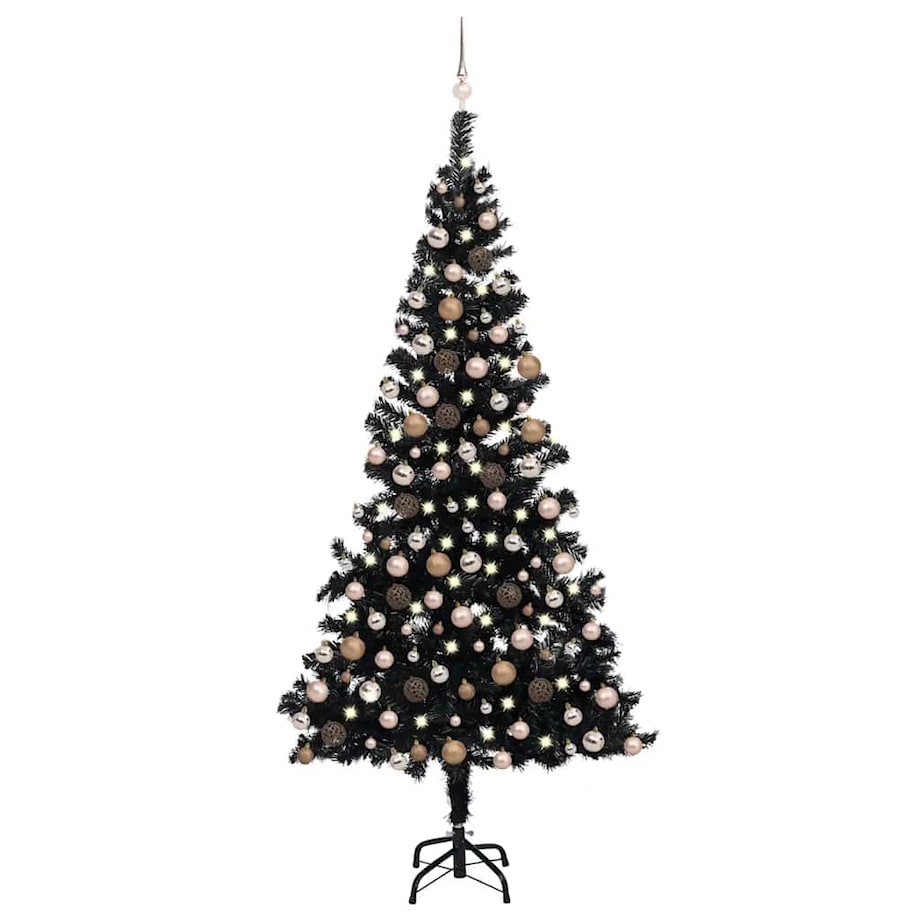 vidaXL Sztuczna choinka z lampkami i bombkami, czarna, 210 cm, PVC