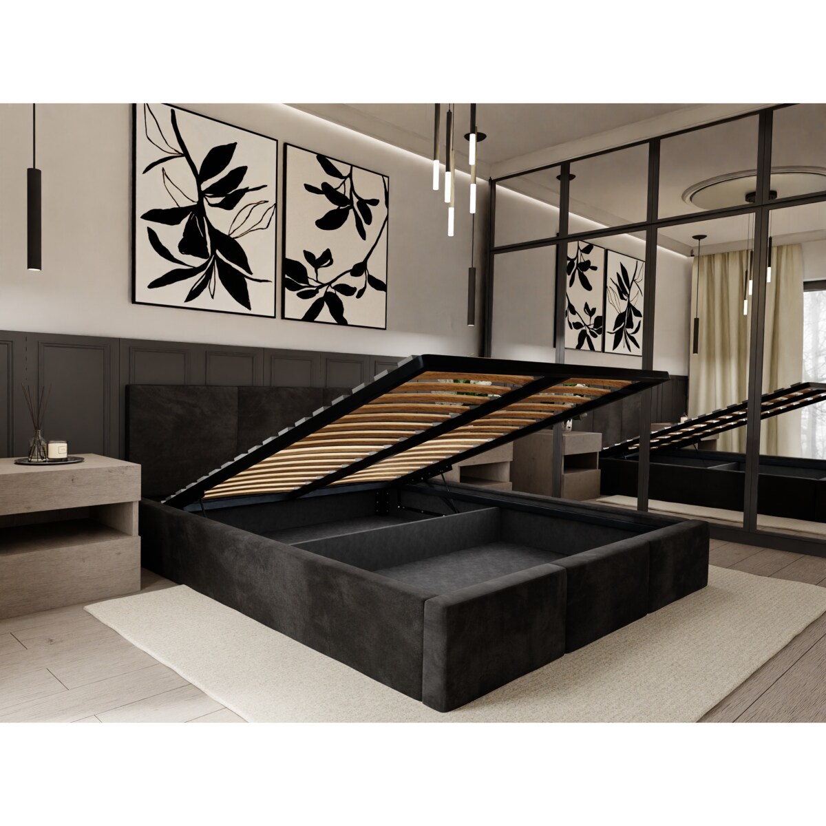 ŁÓŻKO TAPICEROWANE 140x200 ŁÓŻKO PODWÓJNE Z POJEMNIKIEM CZARNE