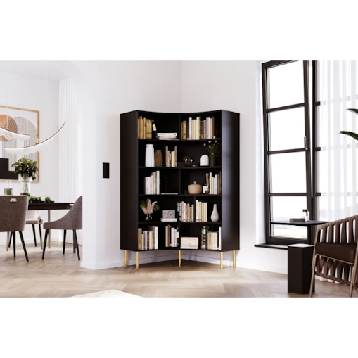Nowoczesny narożny regał na książki Skandica HORN ze złotymi nogami / czarny