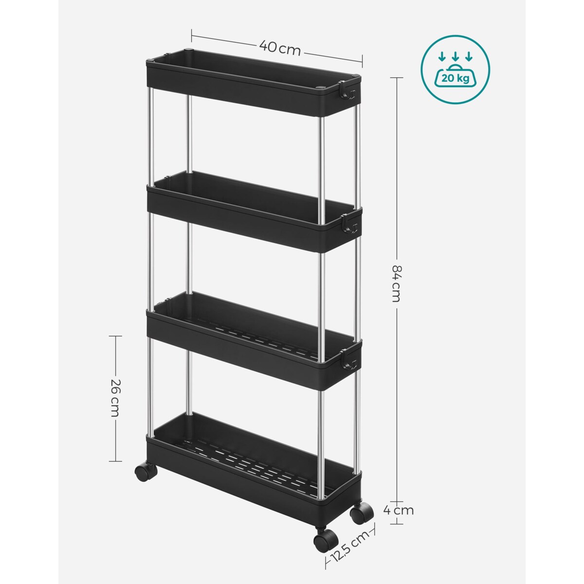 Szafka Na Kółkach 4 Półki Czarna 40X13,5X88 Cm Czarny, Srebrny