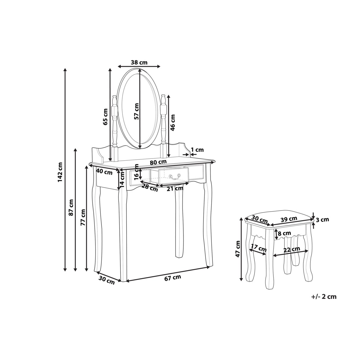 Toaletka 1 szuflada owalne lustro i stołek biała SOLEIL