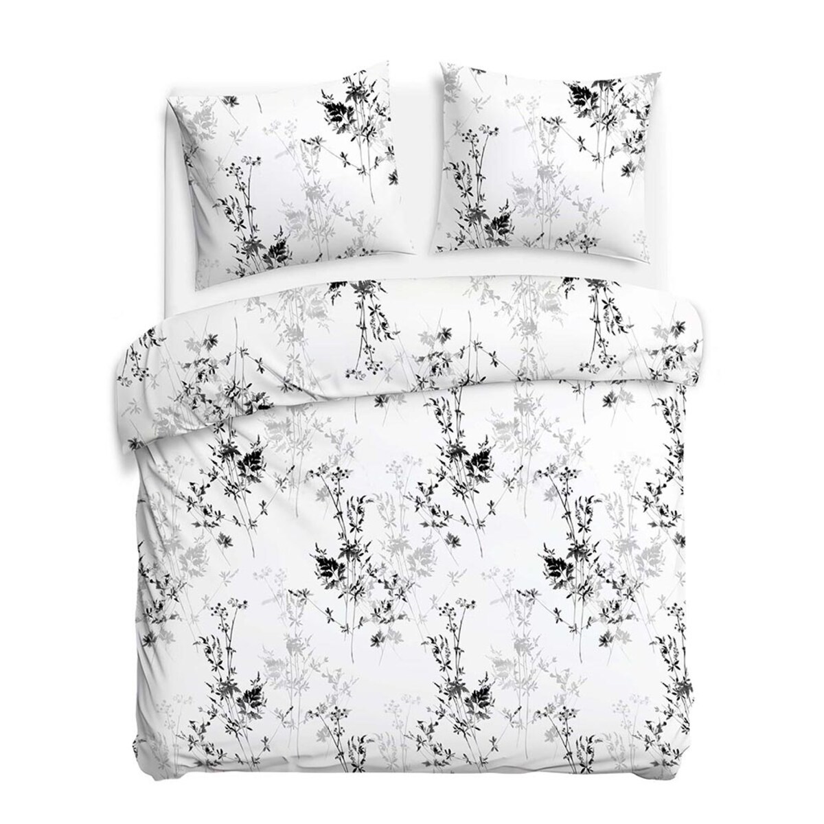 Pościel satyna bawełniana 180x200 Noira biała z czarnym i szarym botanicznym wzorem, Satynlove