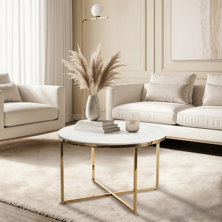 Stolik Kawowy Okrągły Złoty Ława Glamour Biały Połysk Marmur MARINE