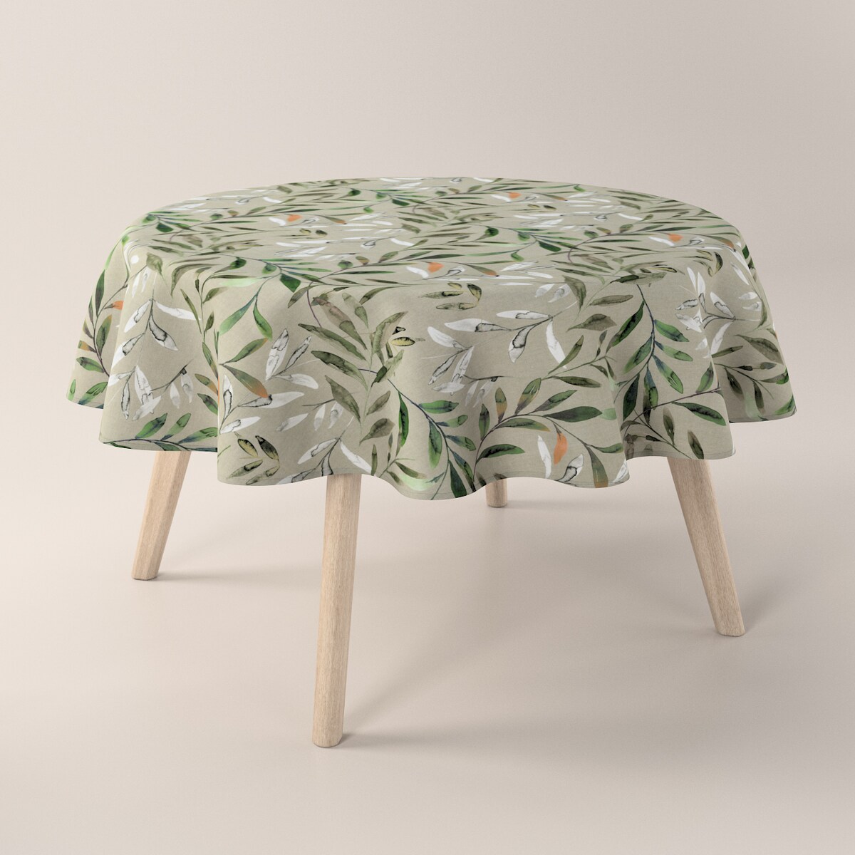 Obrus okrągły 130 x 130 cm zielone gałązki na szarym tle