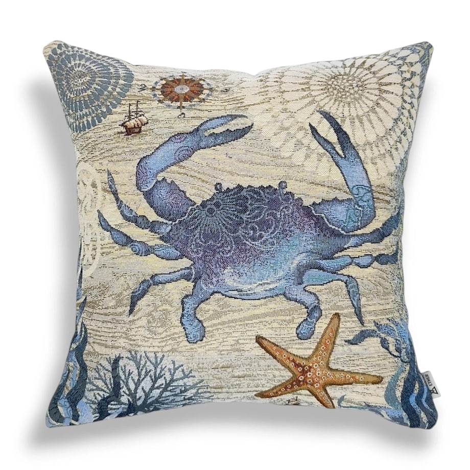 Dwustronna poduszka gobelinowa z krabem 45x45 Morskie Opowieści - beż i błękit