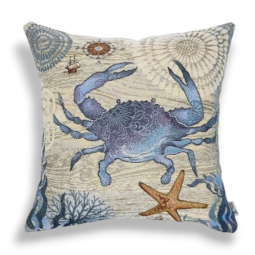 Dwustronna poduszka gobelinowa z krabem 45x45 Morskie Opowieści - beż i błękit