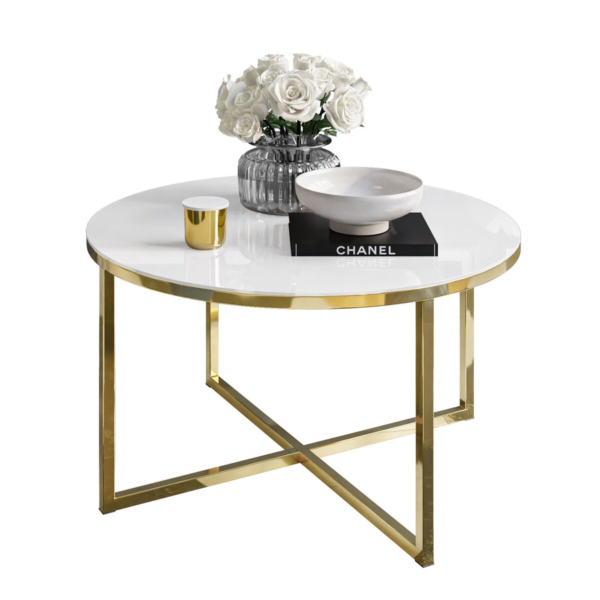 Okrągły stolik kawowy CIRI-X złoty chrom białe szkło