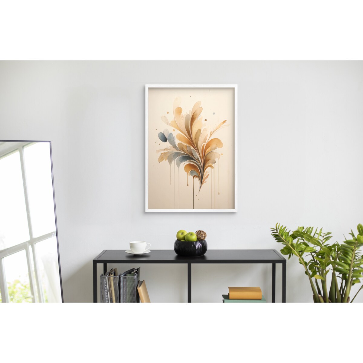 Beżowy Plakat Boho w Złotej Ramie Akwarela Minimalistyczna Abstrakcja Liść