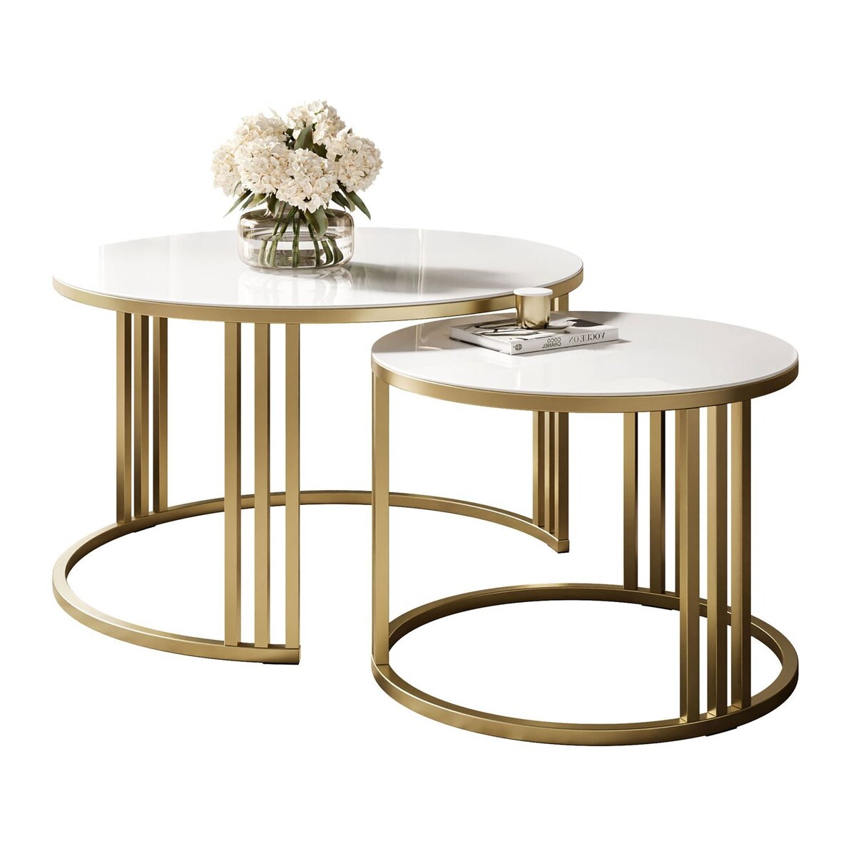 Okrągły stolik kawowy 2w1 LORI GLASS złoto szczotkowane, blat białe szkło