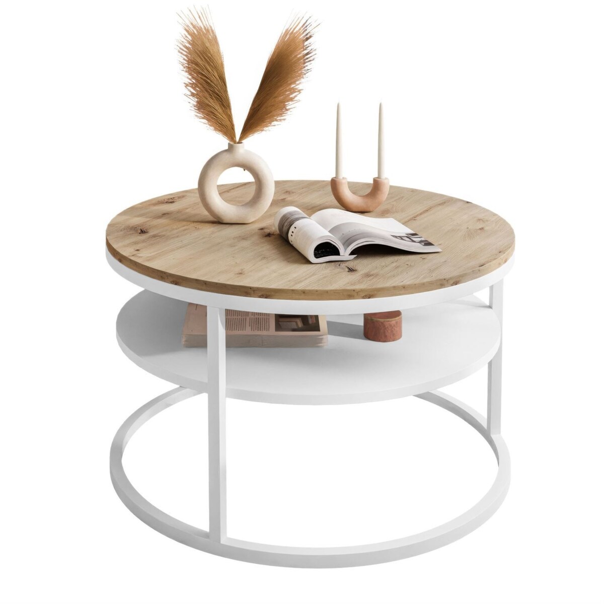 Stolik kawowy CIRI z półką biały dąb artisan
