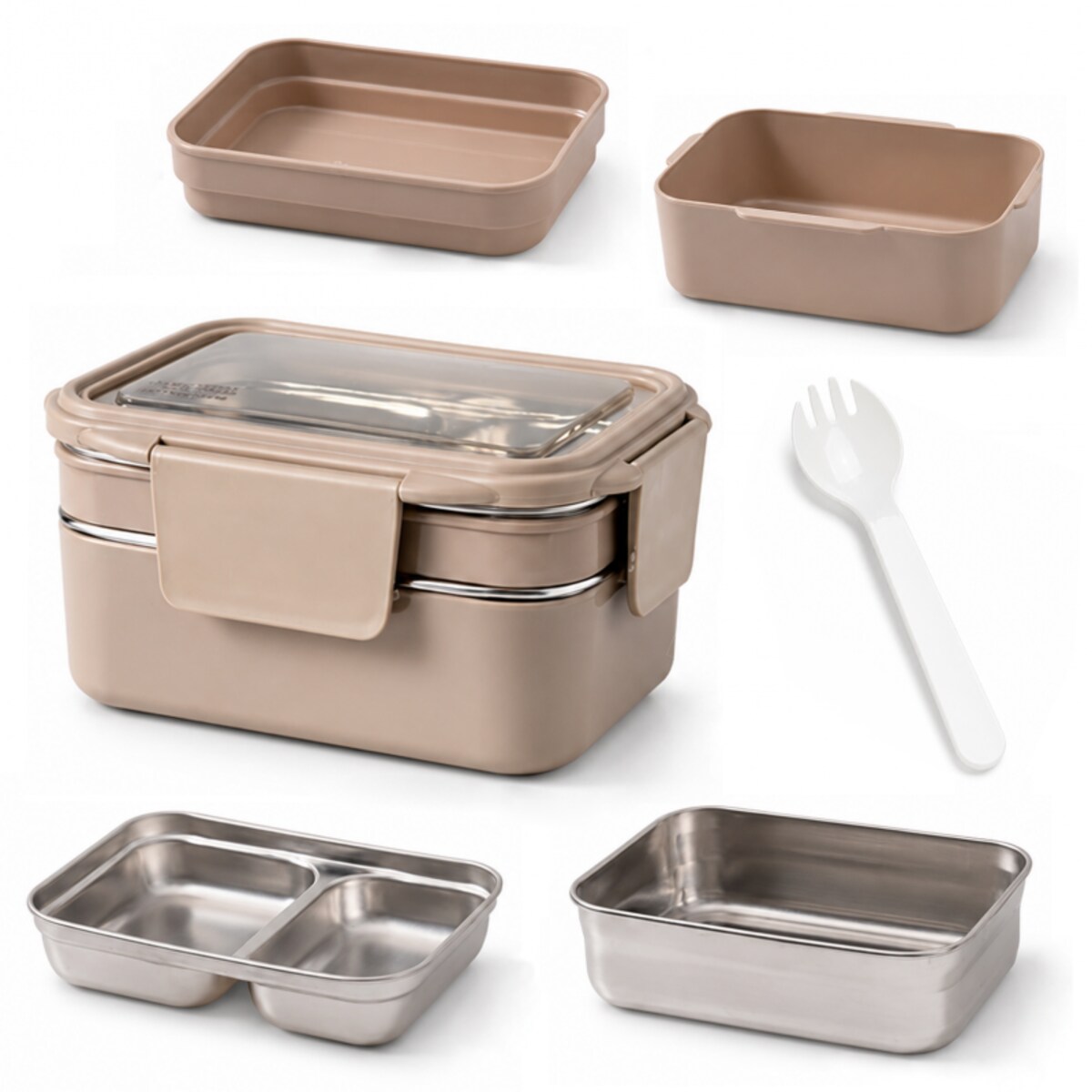 Śniadaniówka LUNCH BOX z widelcem, stal nierdzewna, 2 poziomy, kremowy PJM50K