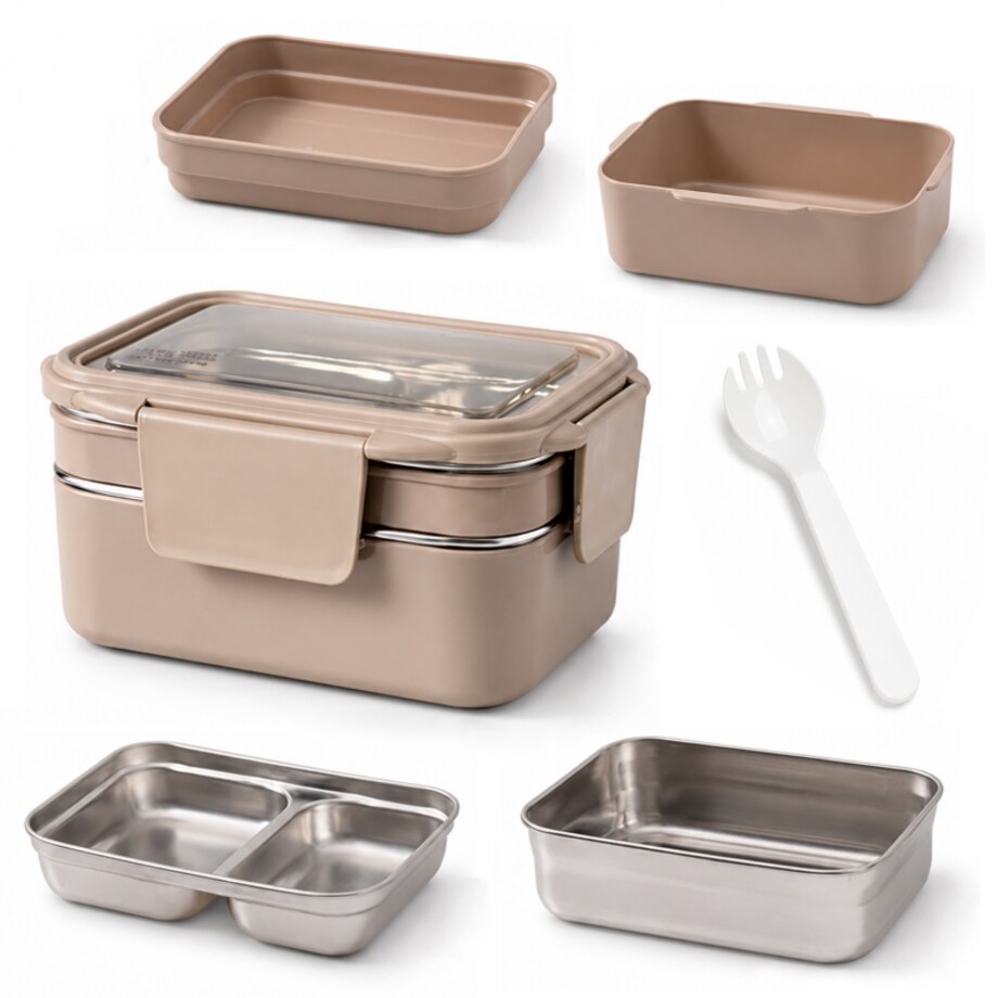 Śniadaniówka LUNCH BOX z widelcem, stal nierdzewna, 2 poziomy, kremowy PJM50K