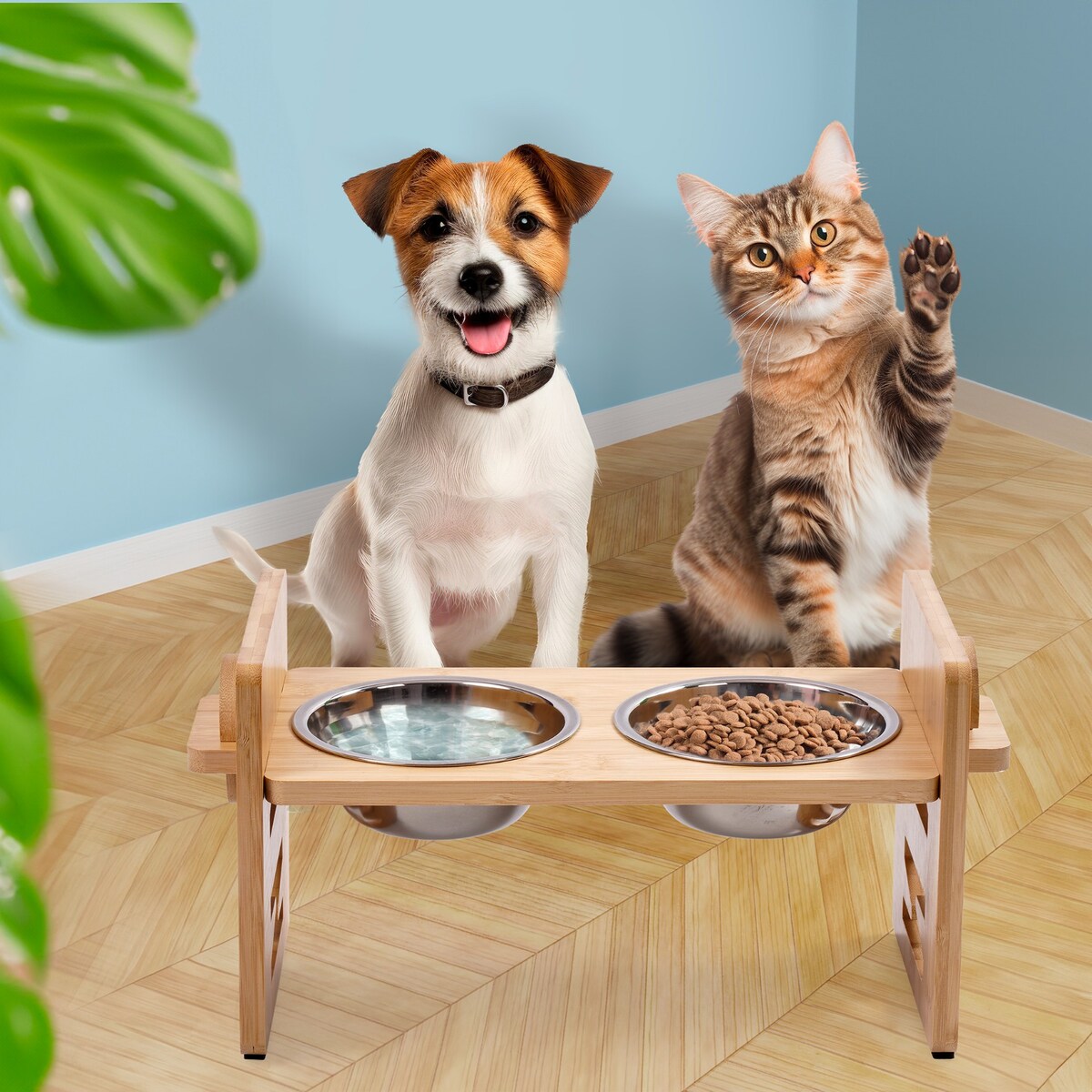 Zestaw 2 Misek Z Regulacją Wysokości  Pies Kot Drewniane Dla Zwierząt
