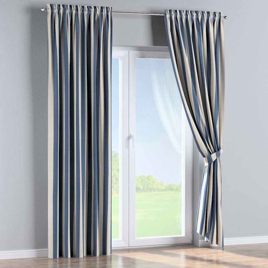 Zasłona na kanale z grzywką 1 szt. 130x260 niebiesko-białe pionowe pasy (5,5cm)