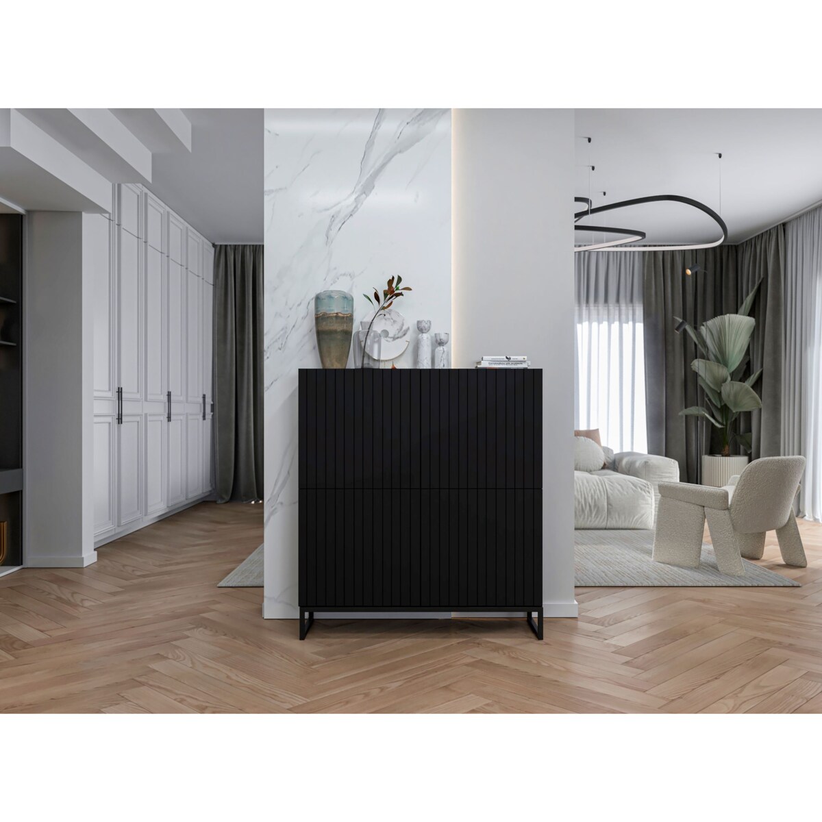 Komoda RTV Glamour Czarny MAT 112 cm Szafka RTV Nowoczesna Czarna Rama Loft Ryflowane fronty