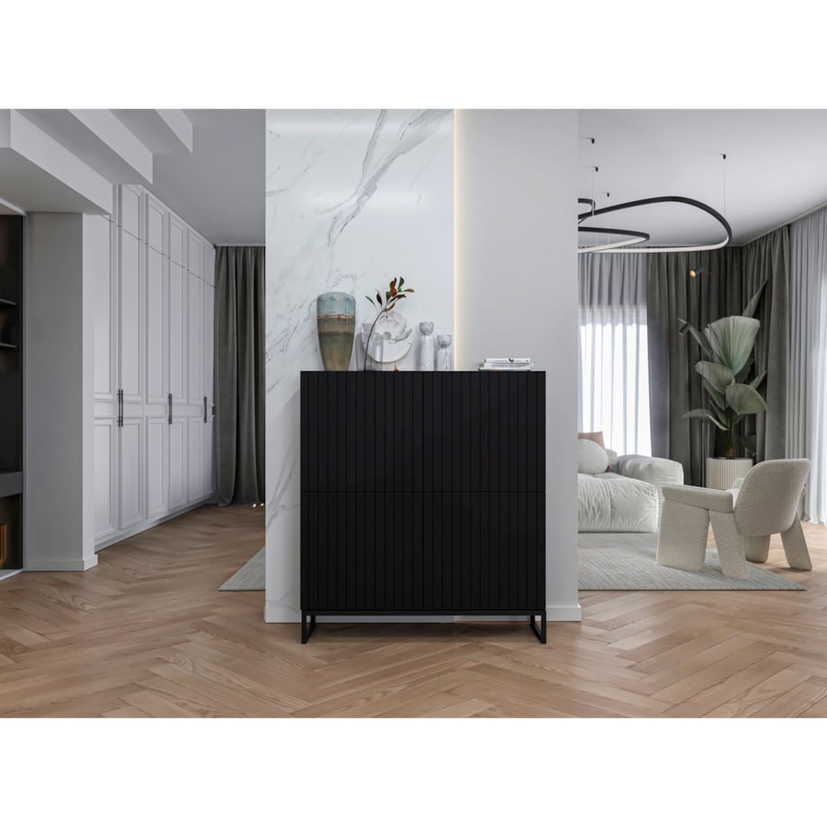 Komoda RTV Glamour Czarny MAT 112 cm Szafka RTV Nowoczesna Czarna Rama Loft Ryflowane fronty