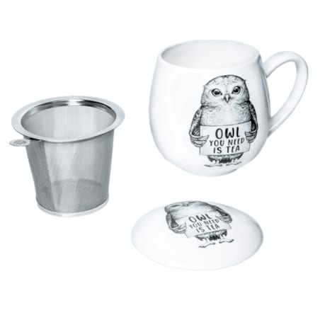 Kubek z zaparzaczem i pokrywką sowa - idealny zestaw do parzenia herbaty, perfekcyjny podarunek prezent dla mamy, taty, babci, dziadka