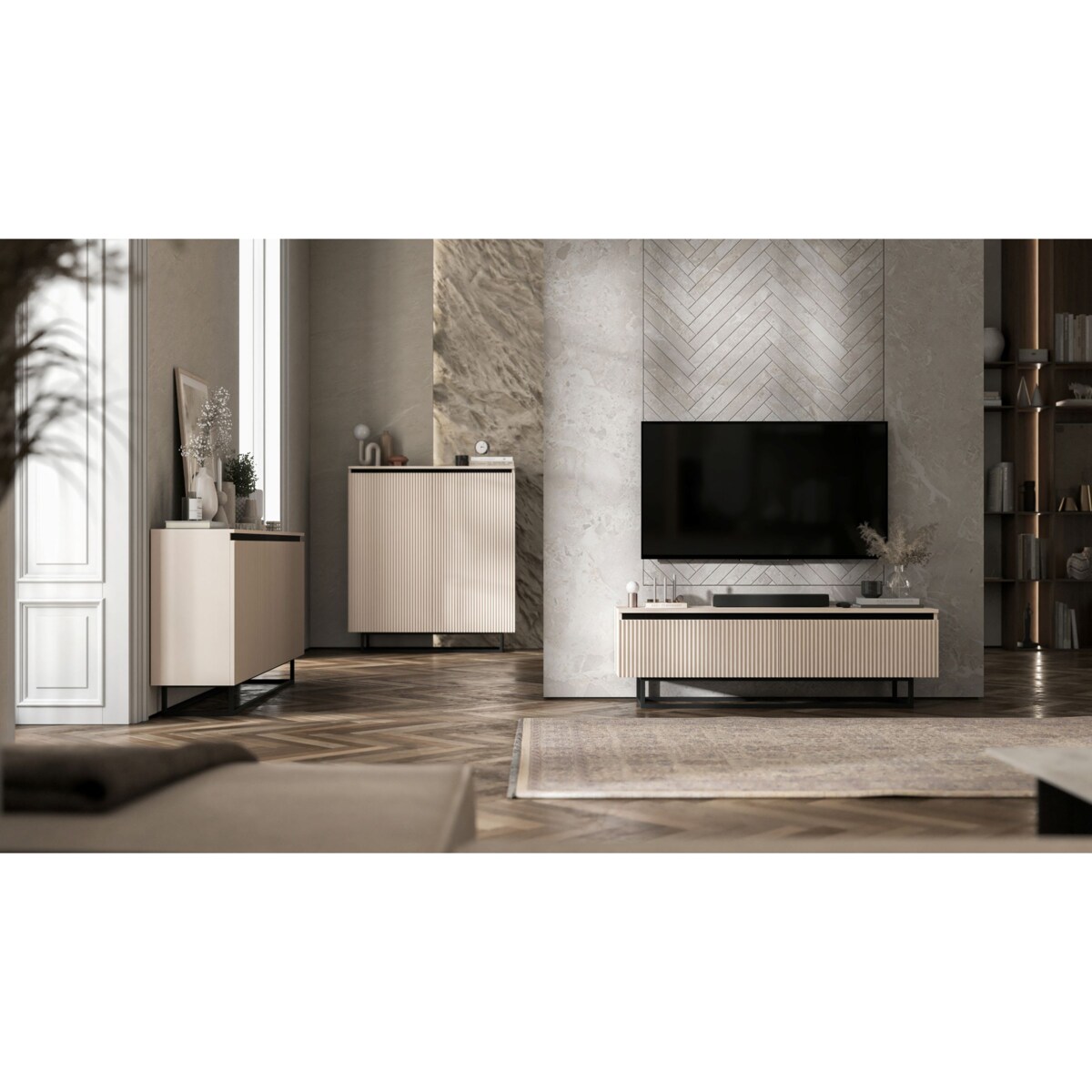 Komoda Glamour Szafka RTV Kaszmir MAT ryflowane fronty czarny stelaż 110,8 cm