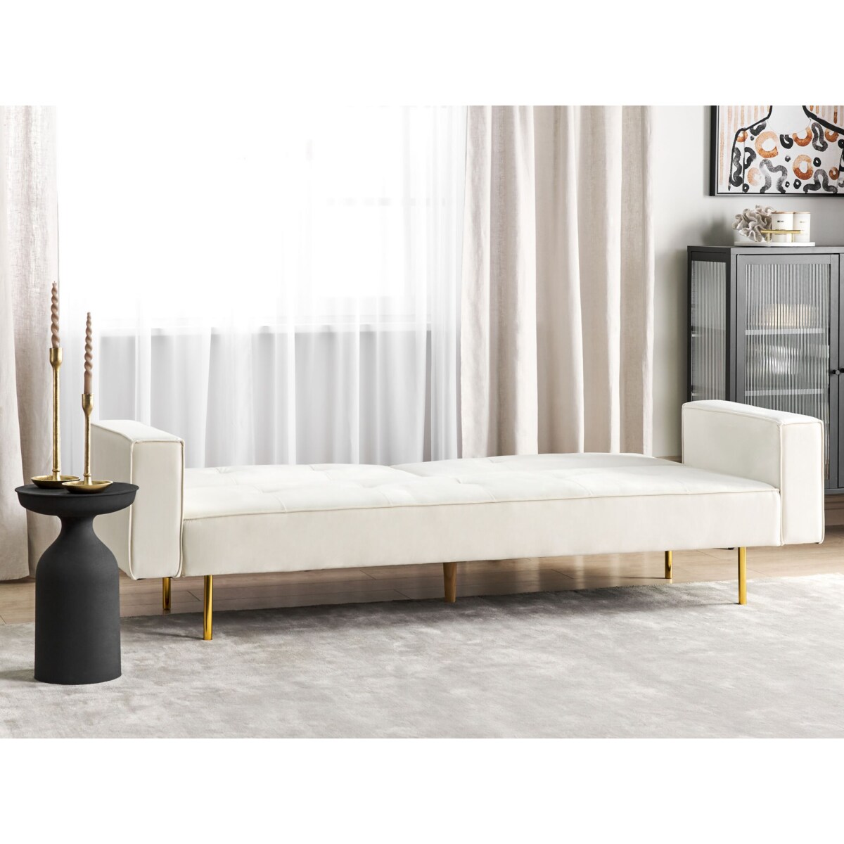 Sofa rozkładana welurowa złamana biel VISNES