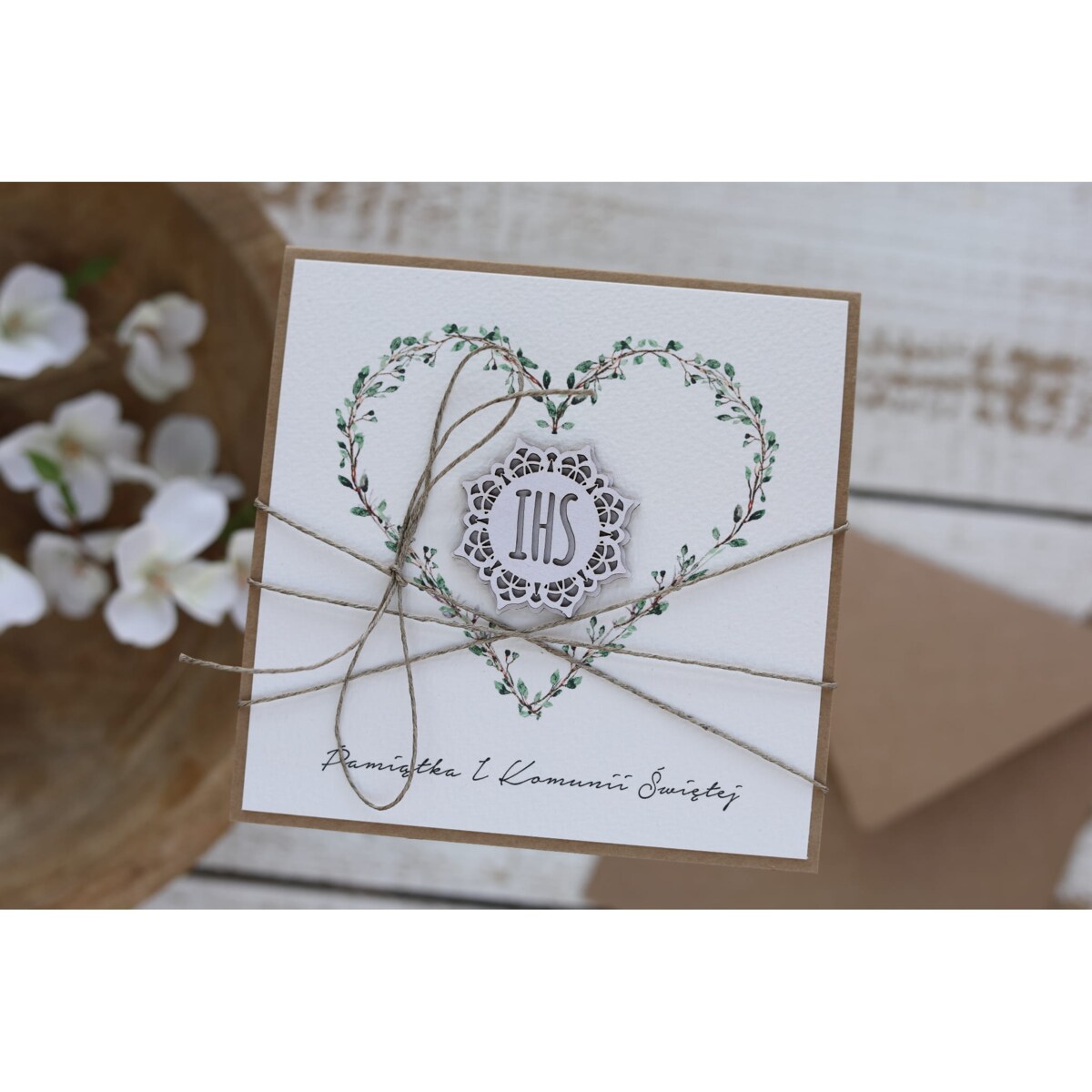 Rustykalna kartka komunijna - Pierwsza Komunia Święta piękne życzenia