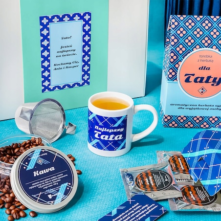 PERSONALIZOWANY ZESTAW PREZENTOWY Z WŁASNYM NADRUKIEM - BOX PREMIUM PREZENT UPOMINEK DLA TATY NA DZIEŃ OJCA URODZINY - KAWA HERBATA KUBEK ZAPARZACZ