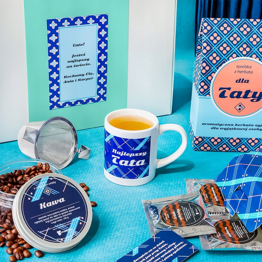 PERSONALIZOWANY ZESTAW PREZENTOWY Z WŁASNYM NADRUKIEM - BOX PREMIUM PREZENT UPOMINEK DLA TATY NA DZIEŃ OJCA URODZINY - KAWA HERBATA KUBEK ZAPARZACZ