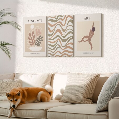 Zestaw 3 dużych obrazów na płótnie - Abstrakcyjne wzory Matisse boho - beżowy