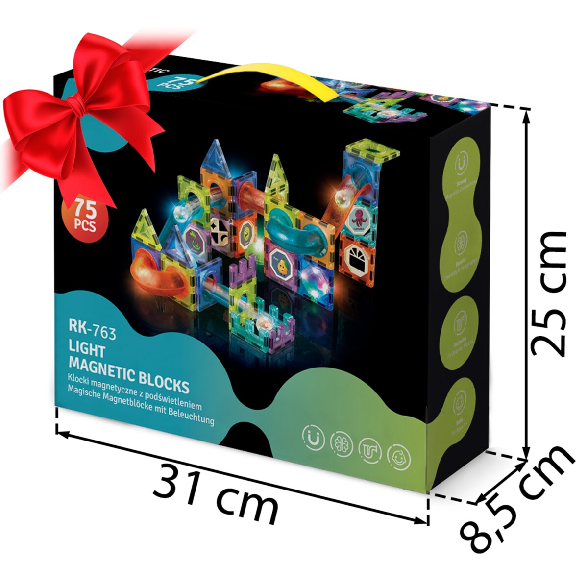 Klocki magnetyczne edukacyjne konstrukcyjne 3d Ricokids zestaw z naklejkami
