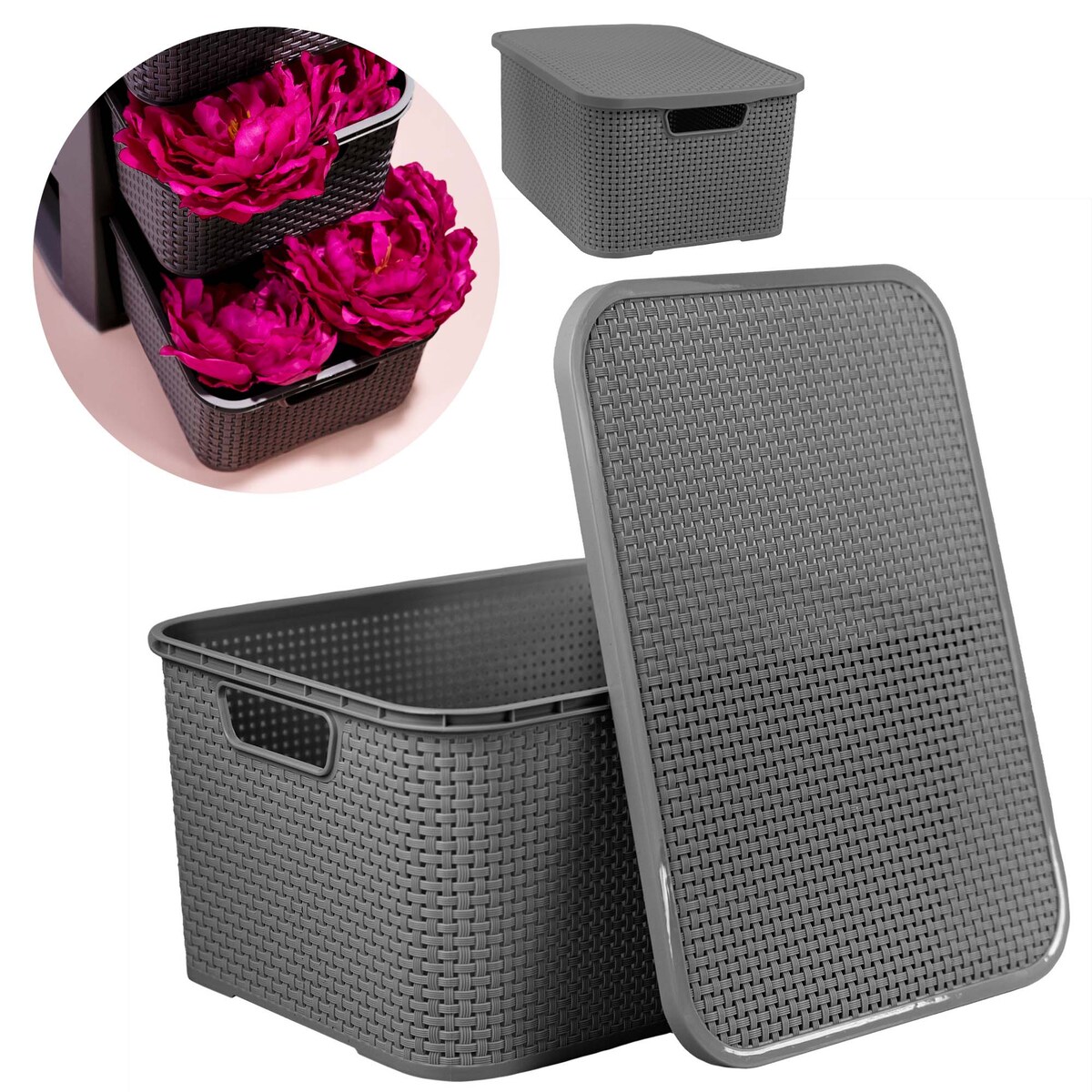 Koszyk Pojemnik Rattanowy Z Pokrywą Na Drobiazgi Kosmetyki Łazienkowy 19L Antracyt
