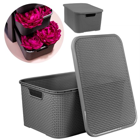 Koszyk Pojemnik Rattanowy Z Pokrywą Na Drobiazgi Kosmetyki Łazienkowy 19L Antracyt