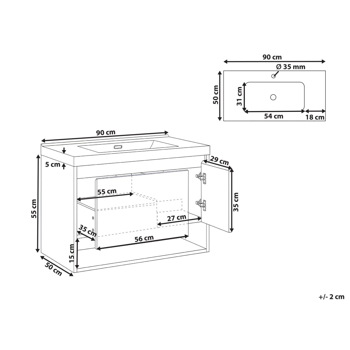 Szafka łazienkowa wisząca z umywalką UMAYO 90 cm Jasnobrązowy