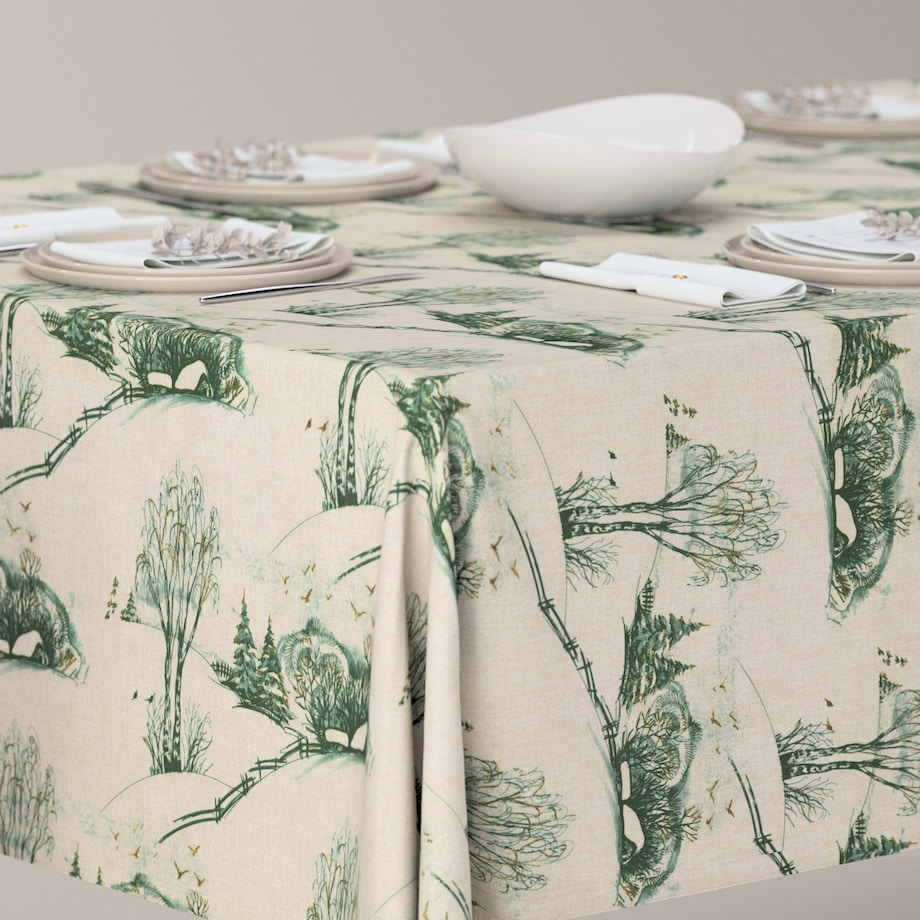 Obrus prostokątny 100 x 100 cm zielony wzór cottage na beżowym tle