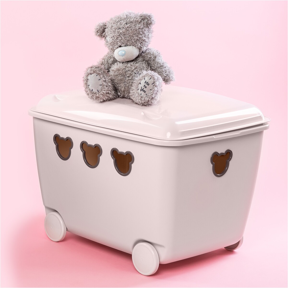 Pojemnik Plastikowy Na Zabawki Na Kółkach Kosz Skrzynia 55 L Misie Biały