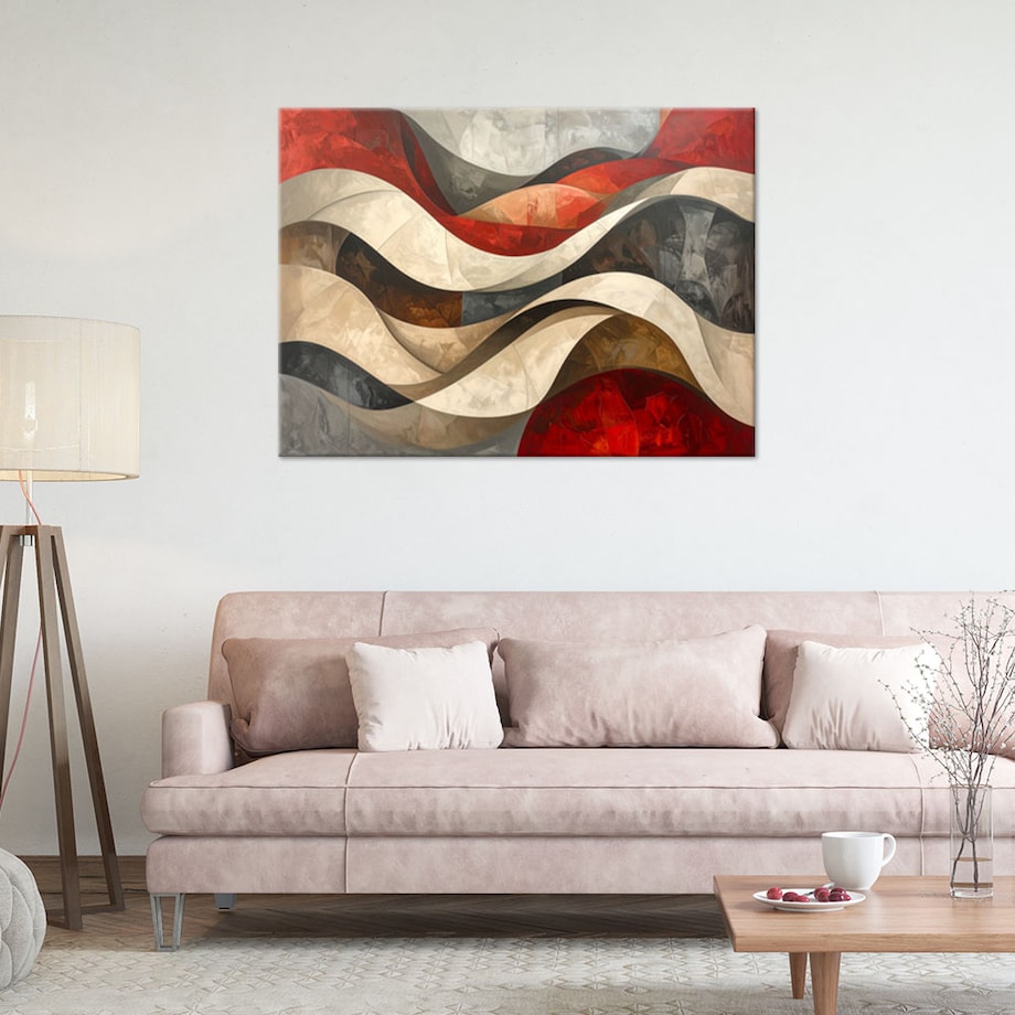 Obraz do salonu sypialni biura loftu, Abstrakcja linie kształty beżowy czerwony